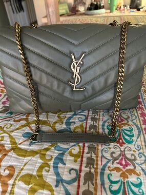 Yves Saint Laurent Quilted Chevron Shoulder Bag in Sage Green with Gold Hardware